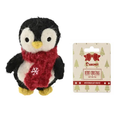 Christmas Penguin Plush Dog Toy with Gift Packaging Christmas felt penguin plush dog toy displayed beside holiday themed retail packaging