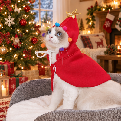 Cat wearing red Christmas cape with hood colorful pom poms and gold star in festive living room