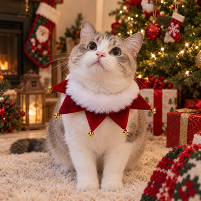 Cat wearing red and white Christmas jingle bell collar beside decorated Christmas tree and gifts