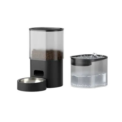 Automatic Pet Feeder and Water Fountain Set Black automatic pet feeder with stainless steel bowl and transparent pet water fountain