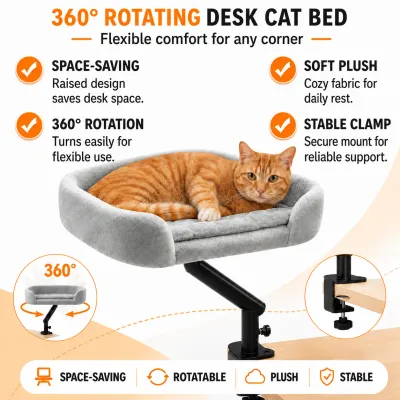 360 rotating desk cat bed featuring a space-saving design, soft plush cushion and stable clamp mount.