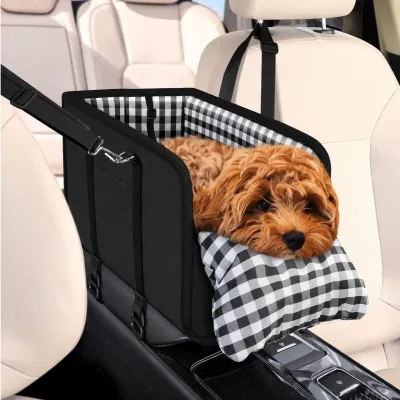 Dog Car Booster Seat for Small Dogs in Front Seat Small dog resting in a black plaid dog car booster seat secured to the front passenger seat