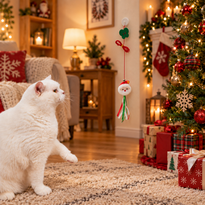 Interactive Christmas Hanging Cat Toy for Indoor Cats White cat playing with a Christmas hanging teaser toy attached to the wall in a festive living room