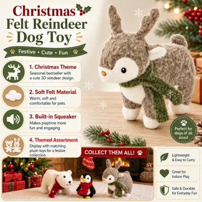 Christmas felt reindeer dog toy with soft material built in squeaker and festive scarf