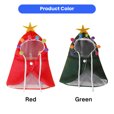 Red and green Christmas pet cape color options with hood and festive pom pom decorations