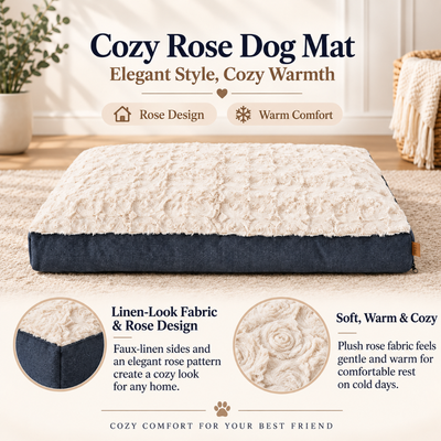 Cozy Rose Dog Mat with Soft Warm Plush Fabric Cozy dog mat featuring soft rose plush fabric, linen-look sides and warm comfortable padding