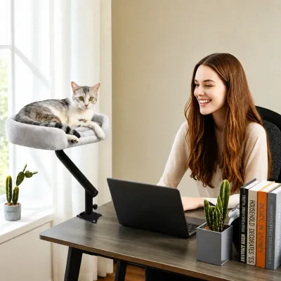 Grey elevated cat bed mounted beside a home office desk with a cat resting comfortably near its owner.
