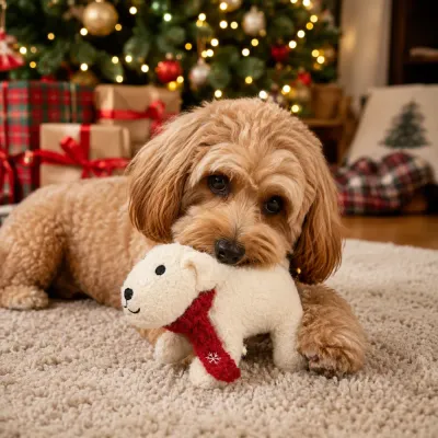Dog Playing with Christmas Polar Bear Toy Small dog playing with Christmas polar bear plush dog toy beside decorated holiday tree and gifts