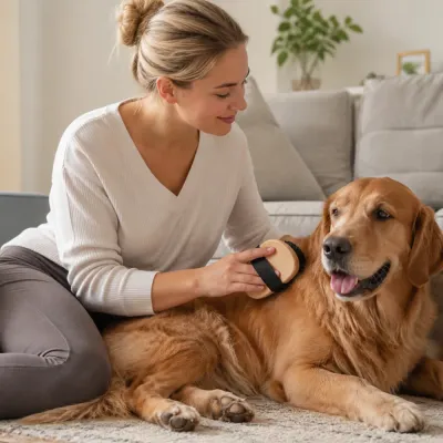 Woman grooming a Golden Retriever with a handheld bamboo rubber massage brush at home.