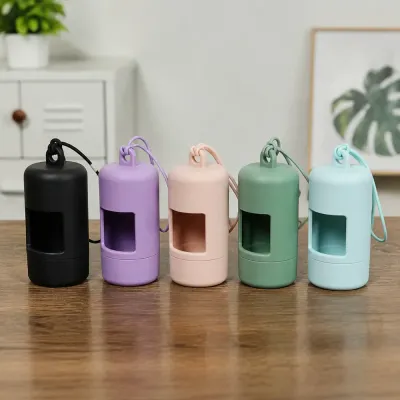 Portable poop bag holder available in black, purple, pink, green, and blue colors for dog walking