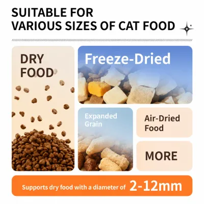 Automatic cat feeder compatible with dry cat food, freeze-dried food, air-dried food and expanded grain, supporting kibble sizes from 2 mm to 12 mm.