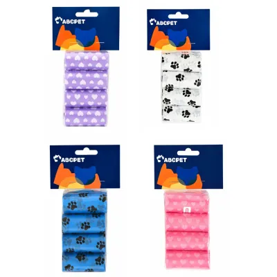 Four retail packs of dog poop bags with heart and paw print designs in purple, white, blue and pink
