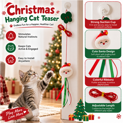 Christmas Hanging Cat Teaser with Suction Cup and Ribbons Christmas hanging cat teaser with strong suction cup Santa plush bell colorful ribbons and adjustable cord