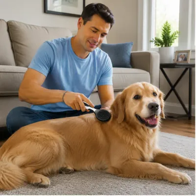 Pet Pin Brush for Golden Retriever Grooming Man brushing a golden retriever with a black pin brush during an at-home grooming session.