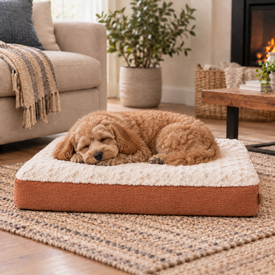 Cozy Rose Dog Bed Mat for Indoor Use Small dog sleeping on a soft rose dog bed mat in a cozy modern living room