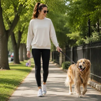 Dog owner using a portable poop bag dispenser while walking a dog outdoors