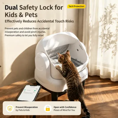 Automatic cat litter box with dual safety lock protection preventing accidental operation by cats and children