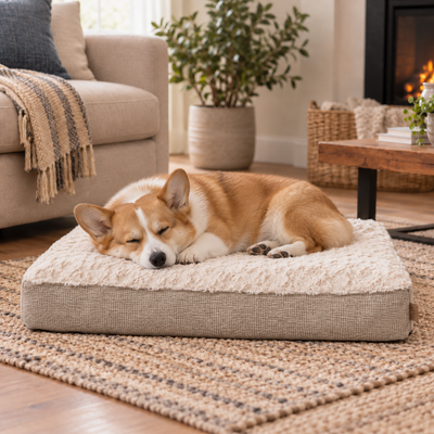 Cozy Plush Dog Mat for Indoor Home Use Corgi sleeping on a soft cream plush dog mat in a cozy living room