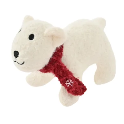 White Christmas Polar Bear Plush Dog Toy White Christmas polar bear plush dog toy with red snowflake scarf on white background