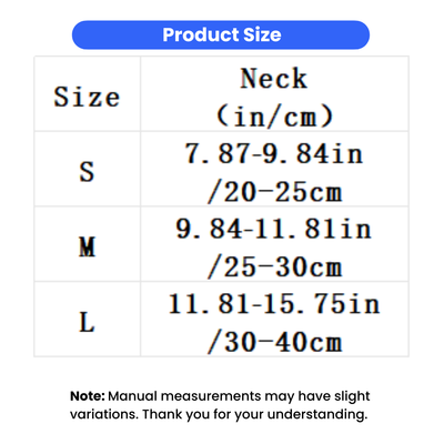 Christmas pet collar size chart showing S M and L neck measurements in inches and centimeters