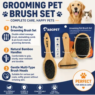 Three-piece bamboo pet grooming brush set with pin brush, deshedding comb and rubber massage brush for dogs and cats.