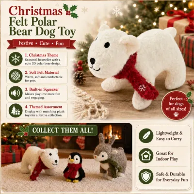 Christmas Polar Bear Squeaky Dog Toy Features Christmas polar bear dog toy with soft felt material built in squeaker and red scarf for holiday pet play