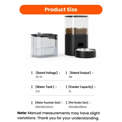 Automatic pet feeder and water fountain size, capacity and power specifications