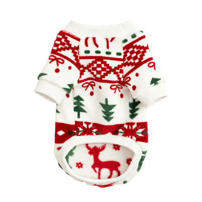 Cozy Christmas Dog and Cat Sweater Product View Cozy Christmas dog and cat sweater with red reindeer and green tree print on white background