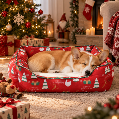 Corgi sleeping in a red Christmas dog bed in a festive living room