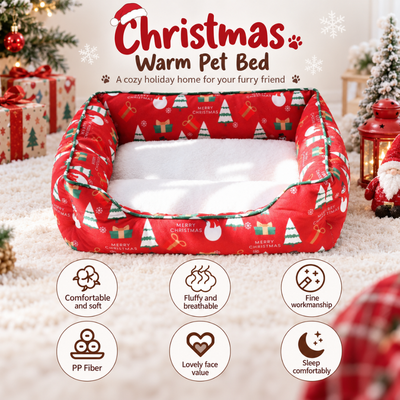 Red Christmas warm dog bed with soft fluffy lining and PP fiber filling
