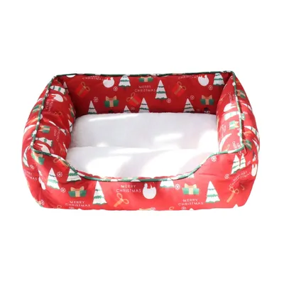 Red Christmas Warm Dog Bed Red Christmas dog bed with festive tree and gift print on white background