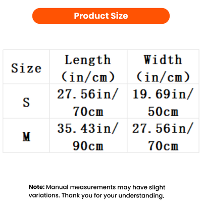 Bubble Dog Mat Size Guide S and M Bubble dog mat size chart with S 27.56 x 19.69 inches and M 35.43 x 27.56 inches