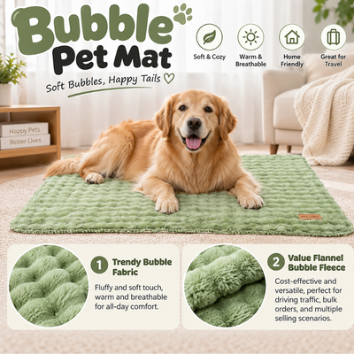 Golden retriever lying on a soft green bubble pet mat with breathable fleece fabric