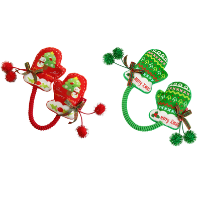 Red and green Christmas catnip mitten toys for cats with connecting cords and pom poms
