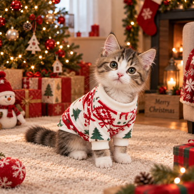 Christmas Cat Sweater for Holiday Wear Cat wearing red green Christmas pet sweater beside Christmas tree and holiday decorations