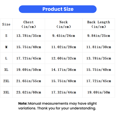 Christmas Pet Sweater Size Chart S to 3XL Christmas pet sweater size chart with chest neck and back length measurements from S to 3XL