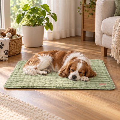 Dog sleeping on a soft green bubble dog mat in a bright living room