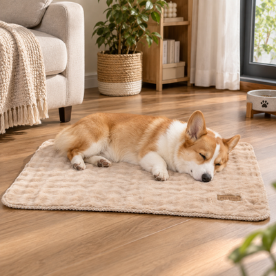 Corgi Sleeping on Soft Bubble Dog Mat Corgi sleeping on a soft beige bubble fleece dog mat in a living room
