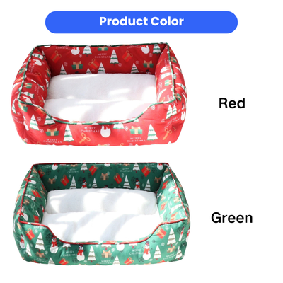 Christmas dog bed color options in red and green with festive holiday prints