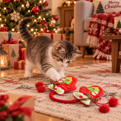 Cat playing with red Christmas catnip mitten toy in a festive holiday living room