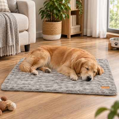 Golden Retriever Sleeping on Bubble Dog Mat Golden Retriever sleeping on a soft gray bubble dog mat in a home living room