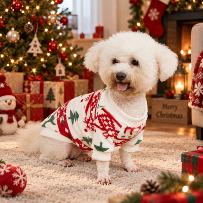 Christmas Dog Sweater for Holiday Wear Small dog wearing red green Christmas sweater in festive holiday living room