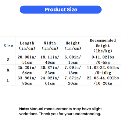 Christmas warm dog bed size chart with S M L dimensions and recommended pet weights