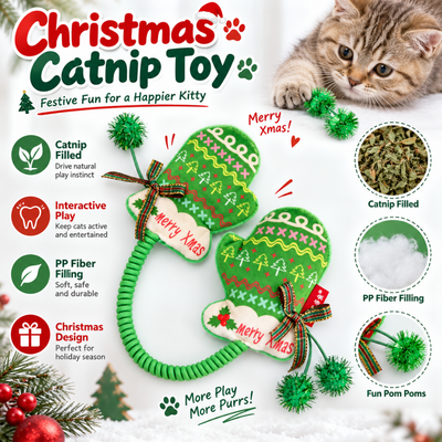 Christmas catnip toy with catnip filling PP fiber filling pom poms and festive mitten design