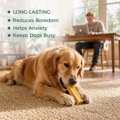 Golden Retriever chewing a long-lasting Himalayan yak milk dog chew at home