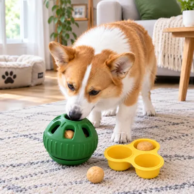 Interactive Dog Treat Dispensing Puzzle Toy with Slow Feeder Corgi playing with a green interactive dog treat dispensing puzzle toy and yellow slow feeder in a living room