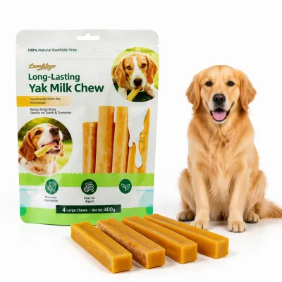 Natural Himalayan Yak Milk Chews for Dogs – 4 Pack Natural Himalayan yak milk chews for dogs, 4 large long-lasting rawhide-free dog chews with product packaging