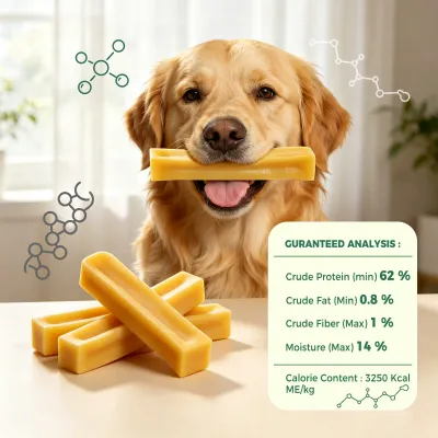 Golden Retriever holding a high-protein yak milk chew with guaranteed nutritional analysis for dogs