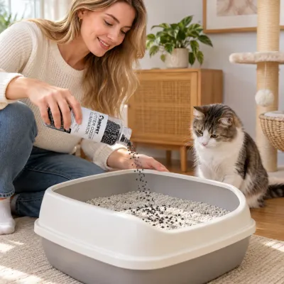 Pet owner pouring cat litter deodorizer beads into a litter box while a cat watches nearby