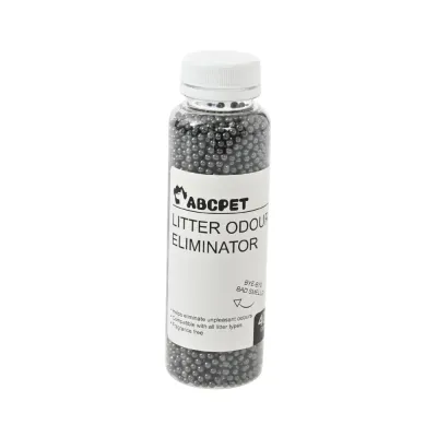 40g bottle of black cat litter odour eliminator beads on a white background